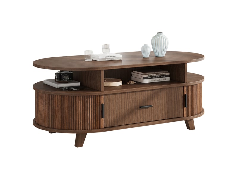  Table basse ovale 100x50x40 cm, 1 tiroir, 2 portes à rideau, rangements, mdf, style nordique noyer  - Conforama A