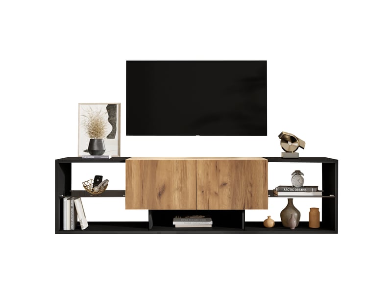  Meuble tv led 160 x 40 x 42 cm avec 2 tiroirs, noir et bois, jusqu'à 70 pouces  - Conforama A