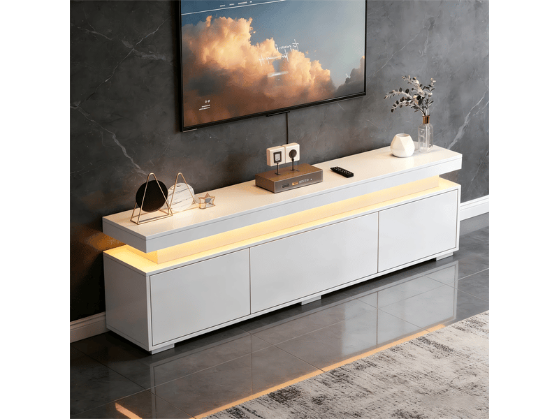  Meuble tv blanc brillant 150 cm avec led, 3 portes, panneau de particules, charge 60 kg  - Conforama E