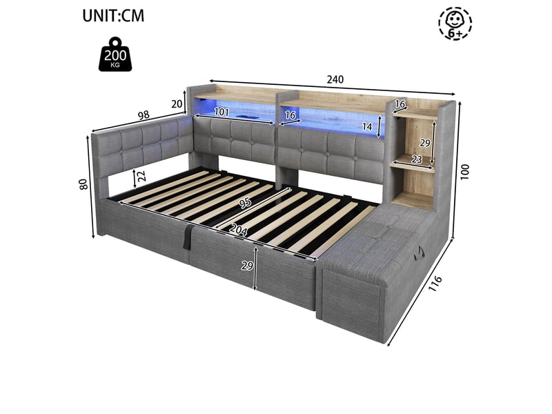  Lit coffre hydraulique 90x200 cm avec led multicolore, usb et usb-c et banc coffre, velours gris foncé, sans matelas  - Conforama C