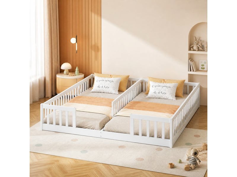  Lit bas enfant 2 places 90×200 cm et 90×200 cm avec barrières  - sans matelas, pin et mdf - blanc  - Conforama B