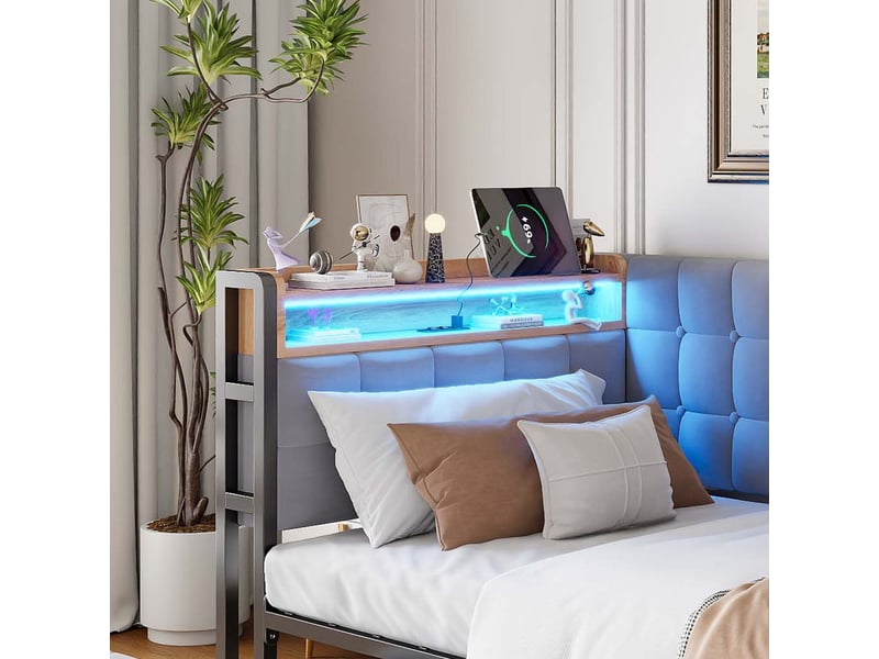  Lit rembourré 90x200, tiroirs coulissants lit une personne, rangement intégré, led multicolore, ports usb, canapé-lit  - Conforama D