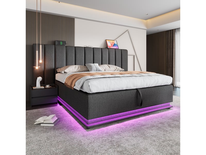  Lit coffre hydraulique avec led et usb-c, lin gris, 180x200 cm  - Conforama D