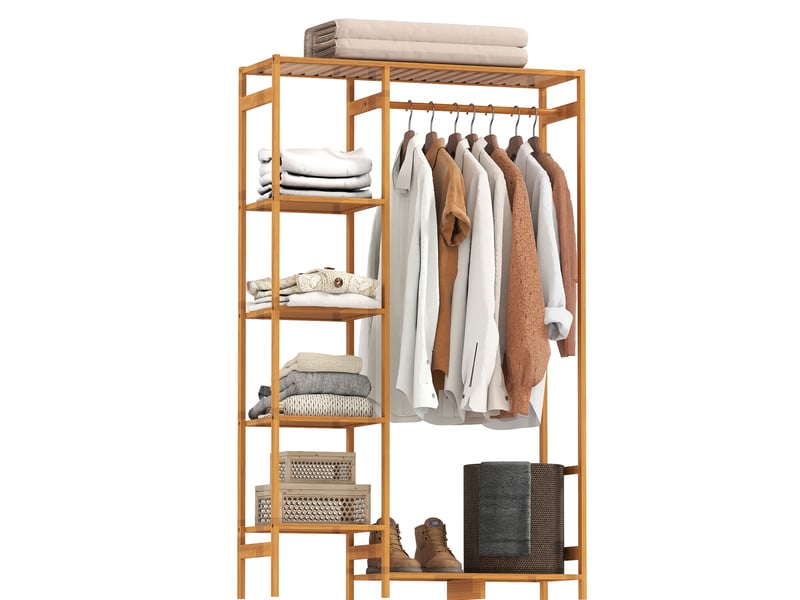  Portant à vêtements avec tringle et étagères en bambou bois naturel 90x30x145 cm  - Conforama A