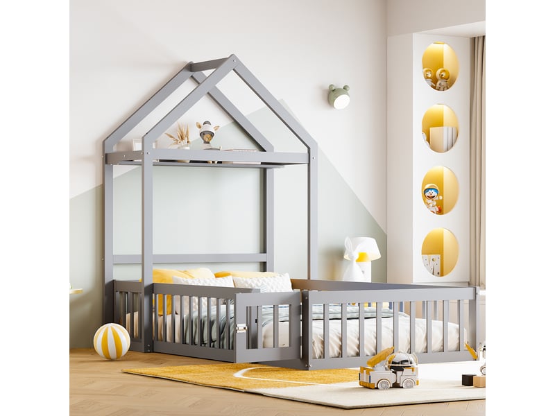 Lit enfant 90x200 cm avec étagère et penderie ouverte, barrière de sécurité, sommier à lattes, gris, sans matelas  - Conforama B