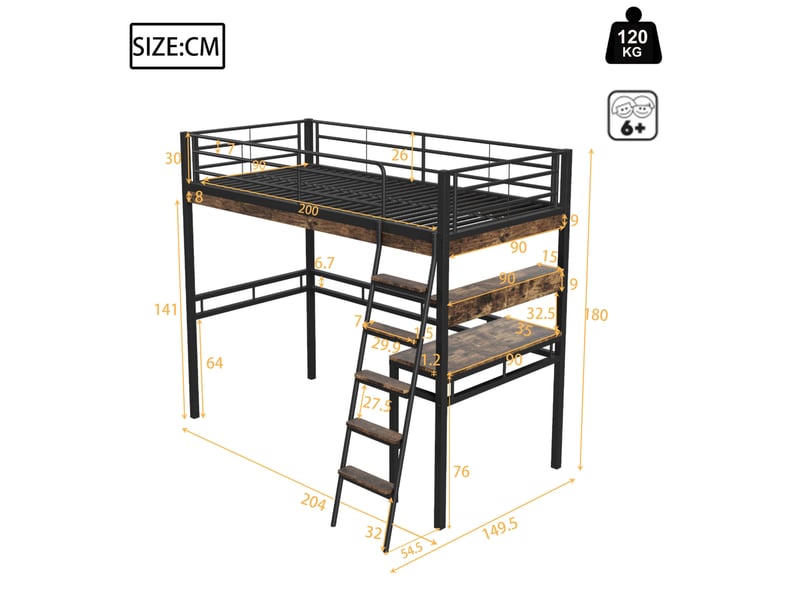  Lit mezzanine enfant 90 x 200 cm avec bureau, étagères et échelle, noir  - Conforama C