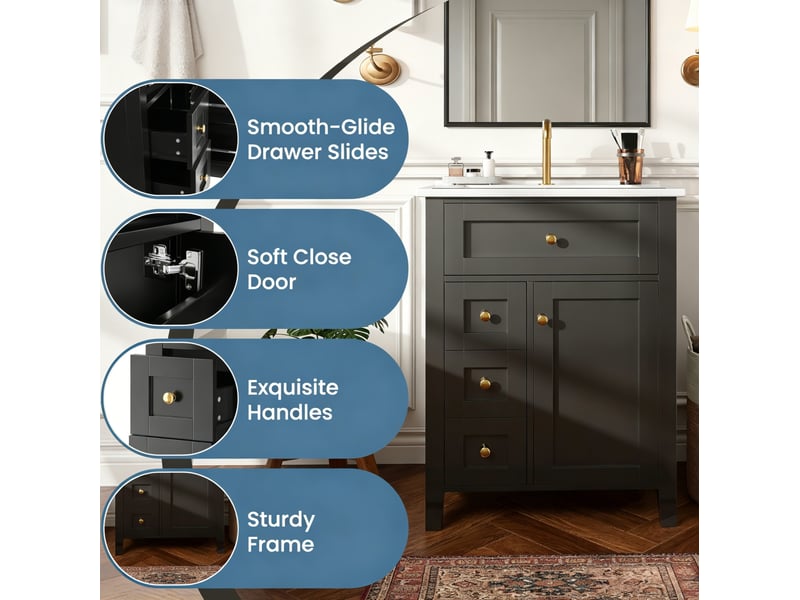 Meuble sous vasque à poser avec lavabo en céramique, 3 tiroirs, porte à fermeture douce, noir brillant, 61 × 47 × 86 cm - Conforama E