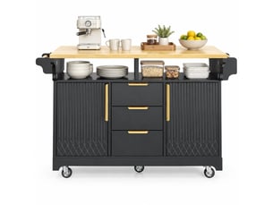 Desserte de cuisine à roulettes avec 3 tiroirs, 2 portes et plateaux rabattables en mdf noir 120 × 40 × 95 cm