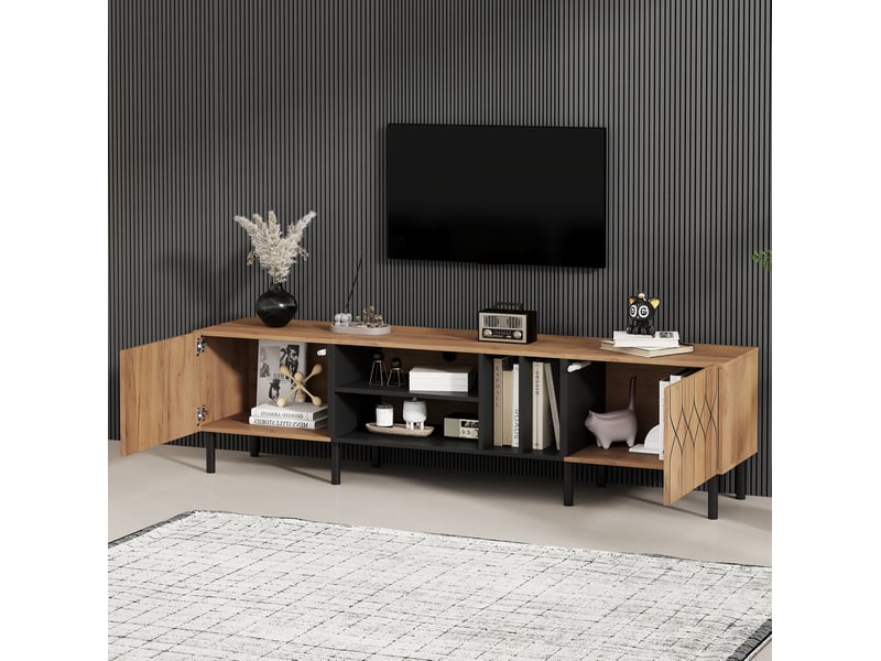  Meuble tv avec 2 portes sans poignées, 4 niches et passe-câbles pour salon, noir et bois naturel, 180 × 40 × 50 cm  - Conforama C