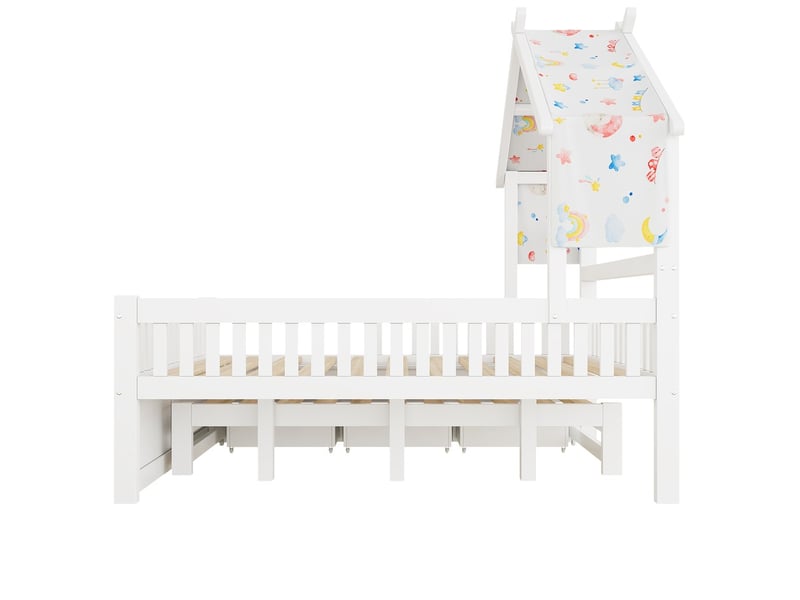  Lit gigogne bois plateforme forme maison 140x200 cm lit gigogne 3 tiroirs barrières sécurité blanc  - Conforama E