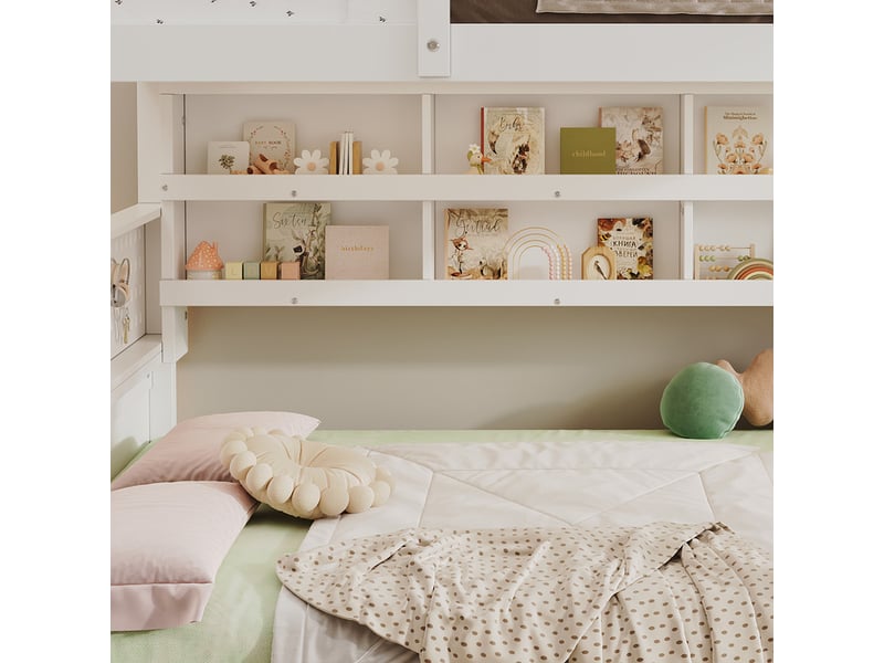 Lit superposé enfant 120x200cm+140x200 cm - avec échelle - étagère de rangement à deux niveaux et panneau perforé - bois massif + mdf - blanc (sans matelas) - Conforama W