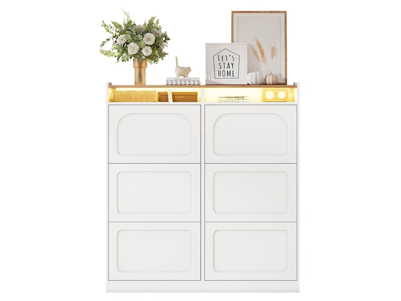  Meuble à chaussures 120x24x130 cm avec 6 abattants, led, 2 niches ouvertes, blanc et naturel  - Conforama A