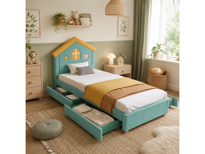  Lit enfant cabane 90 x 200 cm bleu-vert en velours français avec 4 tiroirs de rangement  - Conforama B