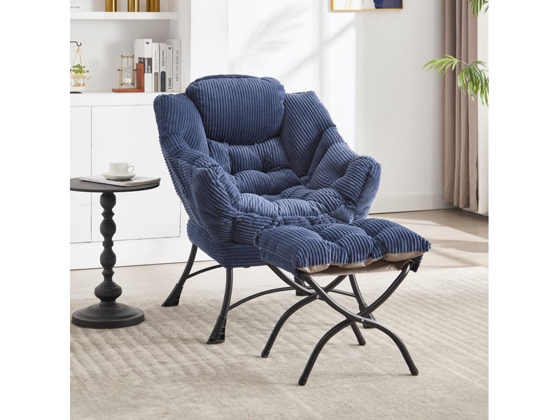  Fauteuil lounge 25x27x37 pouces, ottomane, structure métal, revêtement flanellette doux et confortable, bleu marine  - Conforama B