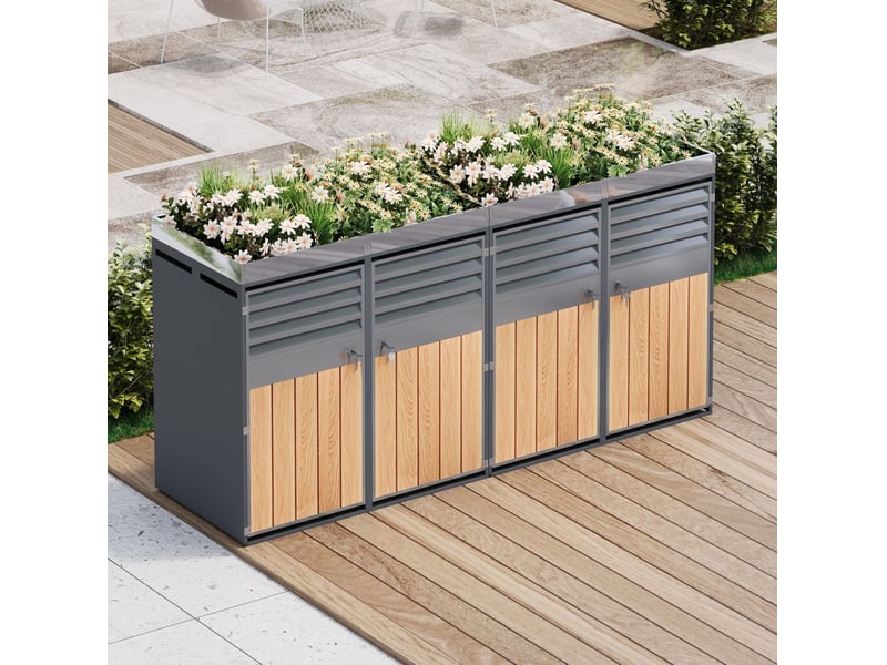  Abri pour poubelles extérieur 4 portes en acier galvanisé gris effet bois clair avec bac à plantes verrouillable  - Conforama E