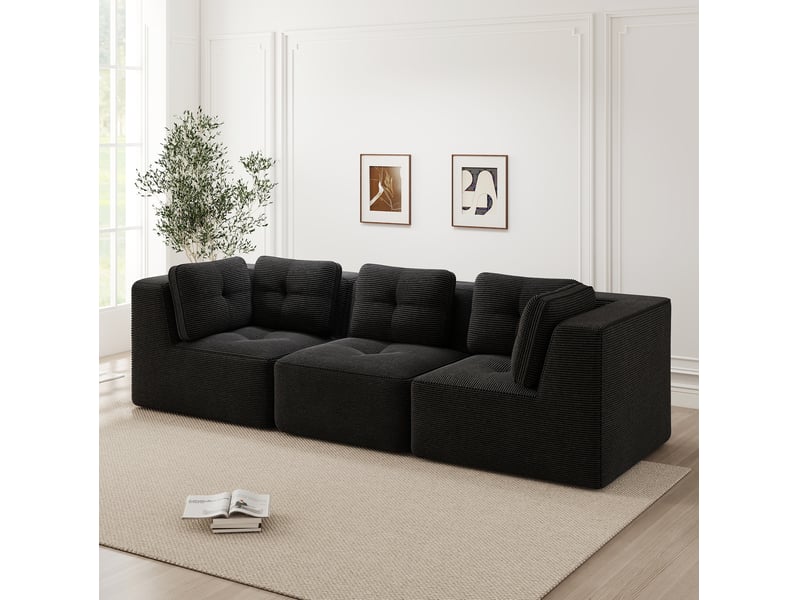  Canapé 3 places modulaire sans cadre en velours côtelé noir, assise profonde  - Conforama D