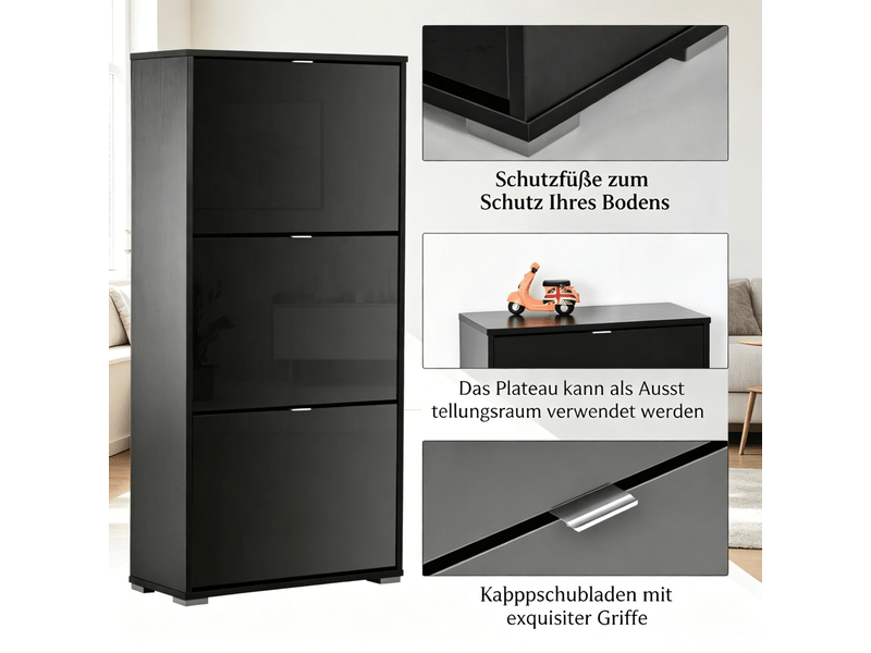 Meuble à chaussures 3 abattants avec cloisons réglables - lpospi - plateau vide-poches mdf noir 60 × 26 × 124 cm - Conforama E