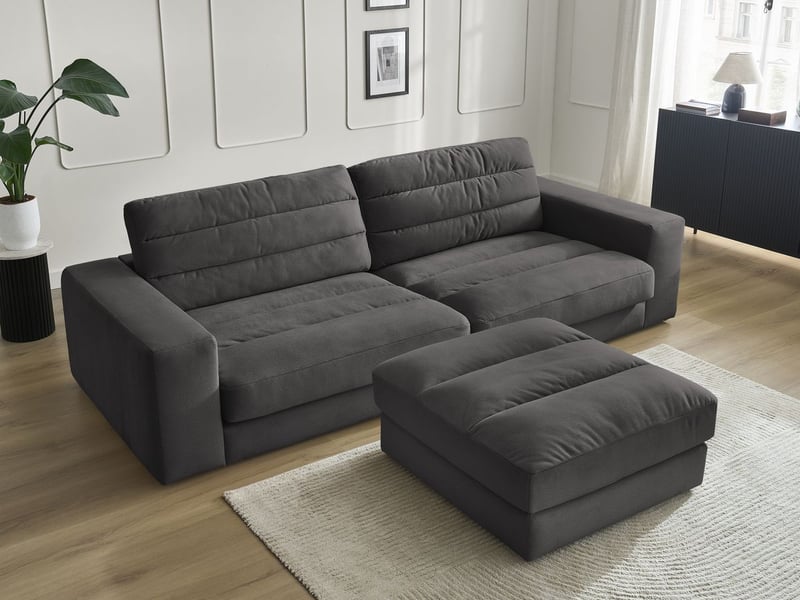  Bobochic canapé droit fixe 3 places sierra velours avec pouf noir SIERRA - Conforama C