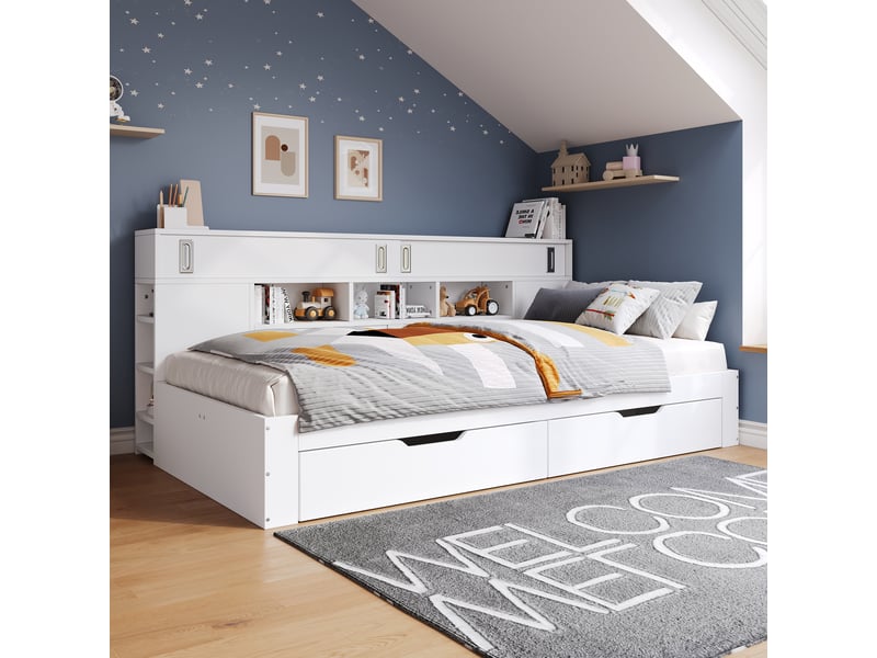  Lit de jour enfant 140x190 multifonctionnel avec tiroirs et armoire mdf - blanc  - Conforama C
