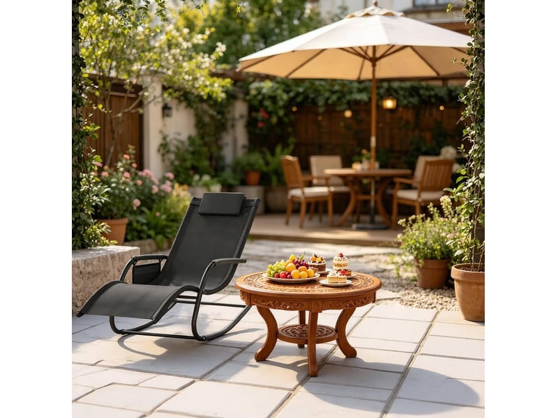  Transat à bascule extérieur 152x62x83 cm – noir – assise ergonomique, poche latérale et appuie-tête  - Conforama E