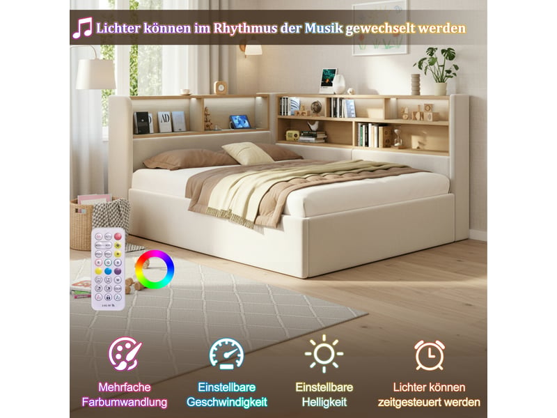  Lit banquette coffre 140x190 cm gris en velours avec rangement hydraulique, led, usb, dossier rembourré et fonction canapé lit Morn Vibe - Conforama E