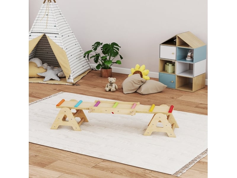  Planche d'équilibre enfant 133x38x24 cm multicolore en bois, bascule 2 en 1 avec structure stable  - Conforama B