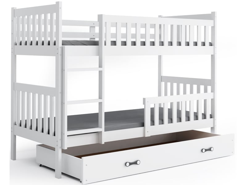  Lit superposé séparable 90x200 cm QUBA Interbeds - Bois massif de pin avec barrière, sommier et tiroir - Blanc QUBA - Conforama A