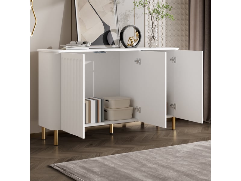  Buffet en mdf avec pieds en métal, 3 portes au relief en colonnes et bord ondulé, coins arrondis et sans poignées pour le salon  - Conforama D