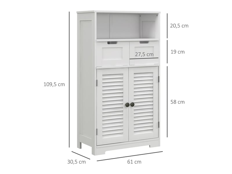  Meuble de salle de bain à 2 portes, étagère réglable, 2 tiroirs et compartiment de rangement, 61 x 30,5 x 109,5 cm, blanc  - Conforama E