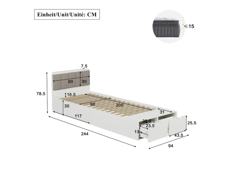  Lit enfant en bois 90x200cm - tête de lit rembourrée - avec 2 tiroirs et banc de bout de lit - blanc (sans matelas)  - Conforama C