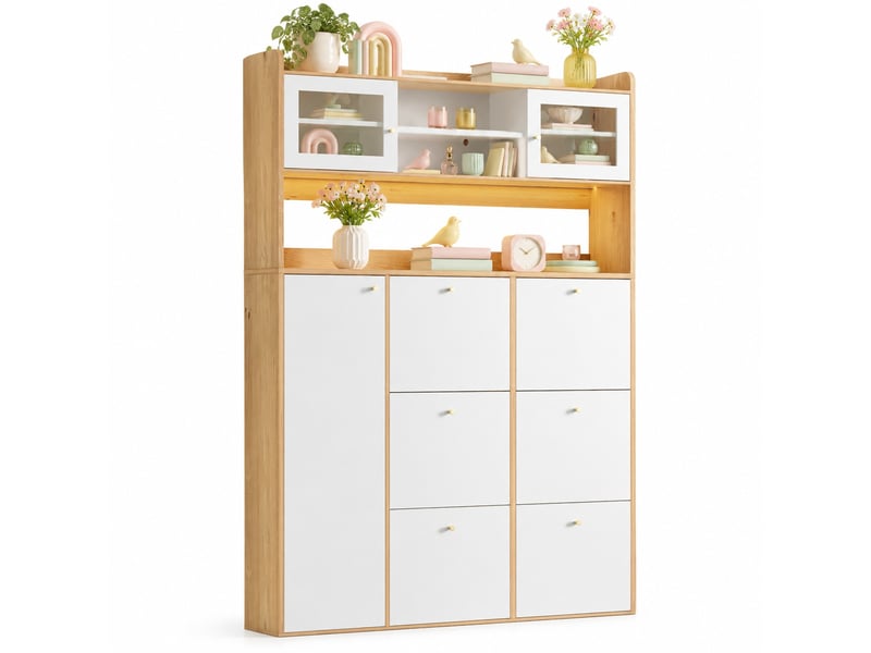 Meuble à chaussures,130x25x180 cm,6 abattants avec verre et led,blanc et naturel  - Conforama A