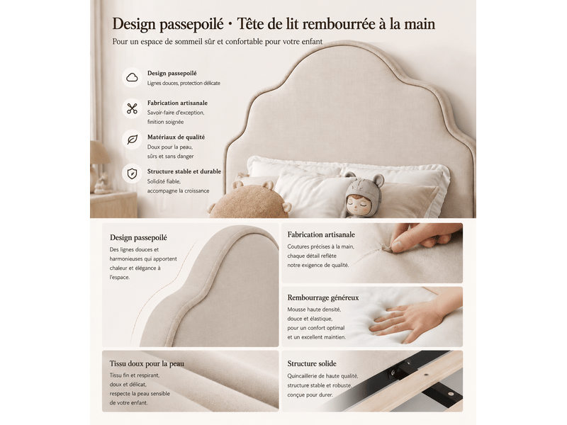  Lit enfant simple 90×200 cm avec tête de lit capitonnée, led  - sans matelas, lin beige  - Conforama E