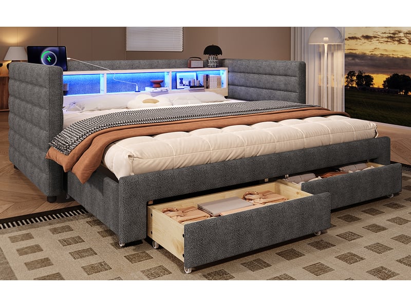  Lit gigogne 90 × 190 cm, rangements, tiroirs, éclairage led, gris  - Conforama B
