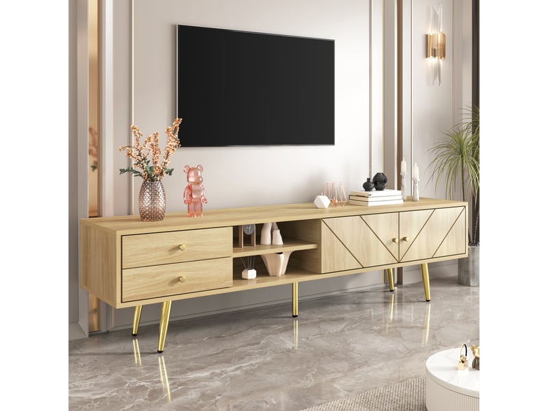 Meuble tv 160 cm bois avec pieds dorés et portes rainurées - Conforama C