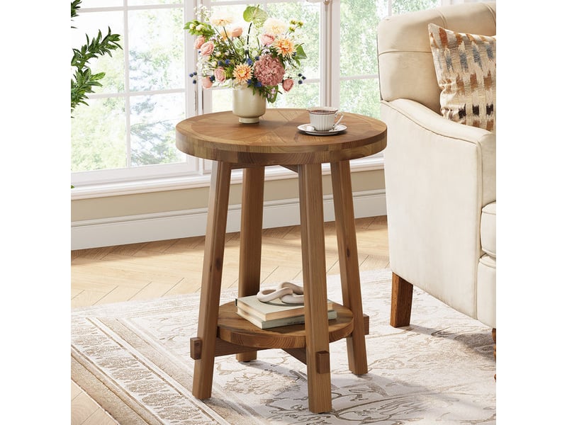  Table d'appoint en bois massif, table de canapé ronde à 2 niveaux, 50 cm, petite table basse de style champêtre pour salon, chambre et petits espaces  - Conforama B