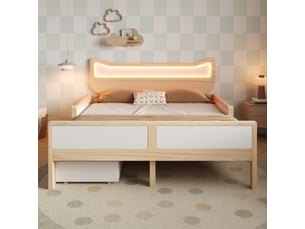 Lit enfant 140x200 avec oreilles de chat et éclairage led rgb - tiroir et rangement - blanc et chêne