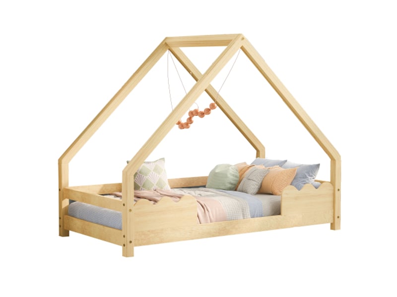  Lit enfant 90x200 cabane en bois massif – barrière de sécurité ondulée, bords arrondis, protection anti-chute – lit junior design naturel - Conforama A