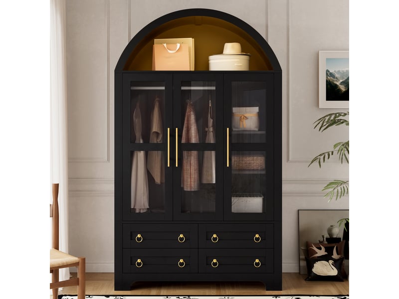Armoire penderie 110x50x186 cm - éclairage led - grand rangement - portes vitrées - 4 tiroirs - 3 portes - mdf - noir et bois naturel CozyNest - Conforama B