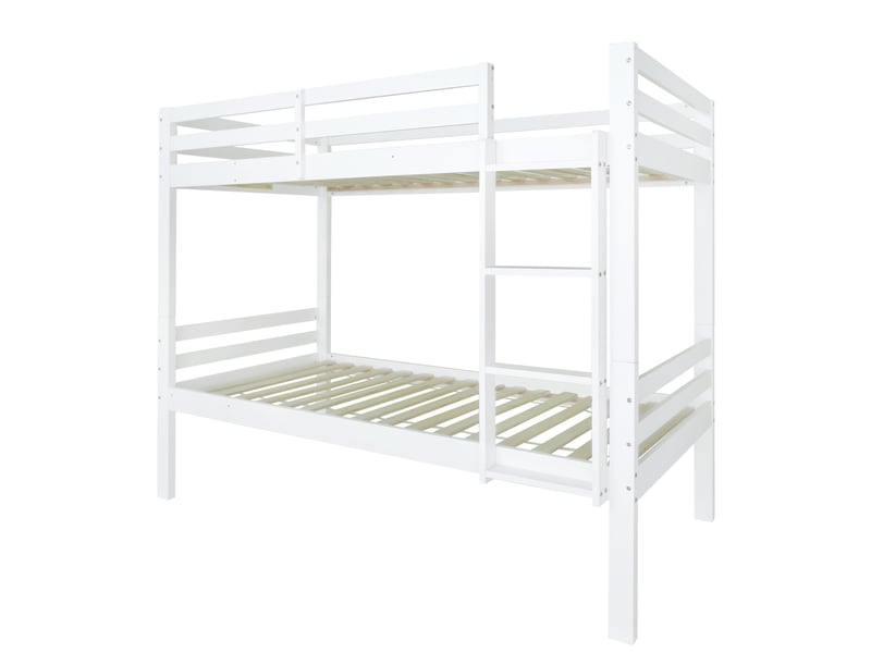  Lit superposé enfant 90 x 200 cm en pin, séparable en 2 lits simples, barrière de sécurité, échelle 3 marches, blanc  - Conforama A