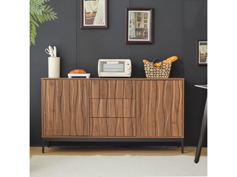  Buffet enfilade 150x40x80cm grand rangement | design lattes en bois et métal | 2 portes 3 tiroirs push-to-open - marron foncé  - Conforama B