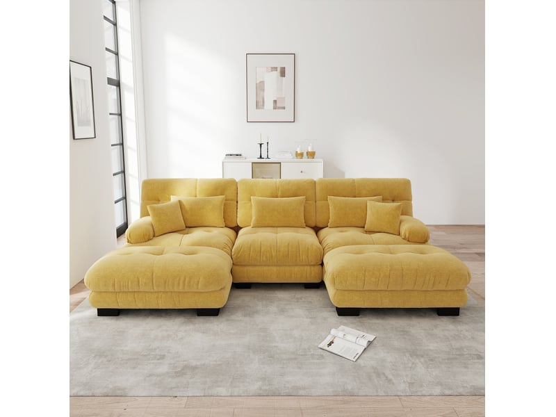  Canapé d’angle modulable convertible 3 places en chenille jaune avec ottoman - 313 x 145 x 81 cm  - Conforama B