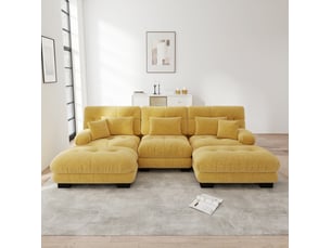 Canapé d’angle modulable convertible 3 places en chenille jaune avec ottoman - 313 x 145 x 81 cm