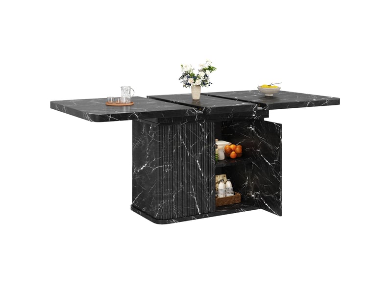 Table à manger extensible 140x80x76,5 cm rangement caché mdf métal noir effet marbre  - Conforama A