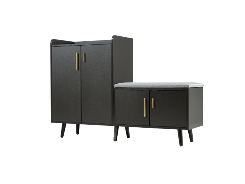 Banc à chaussures avec 4 portes et coussin, meuble moderne noir pour entrée et salon  - Conforama A