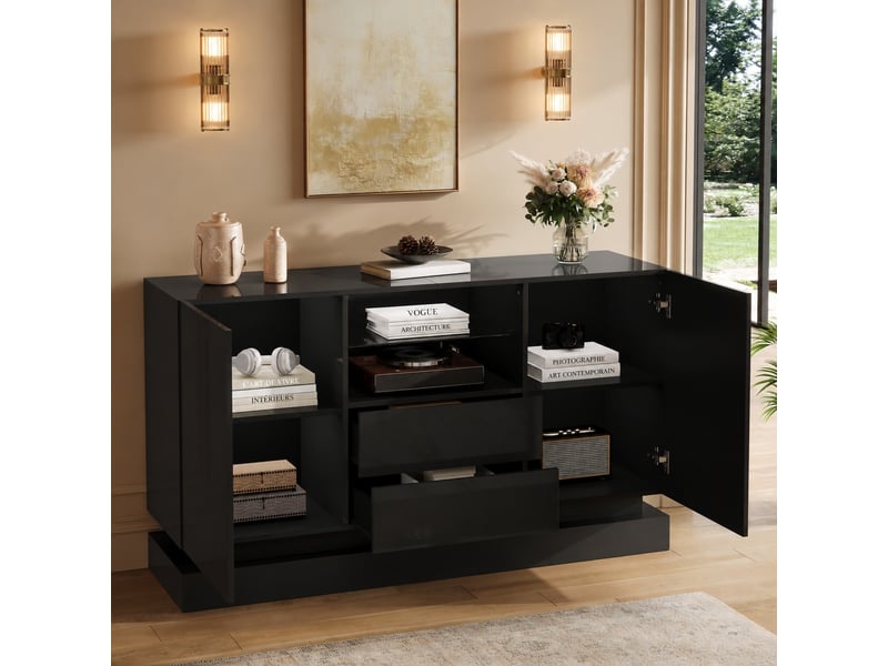  Buffet avec éclairage led noir brillant, 140 cm, 2 portes et 2 tiroirs  - Conforama B