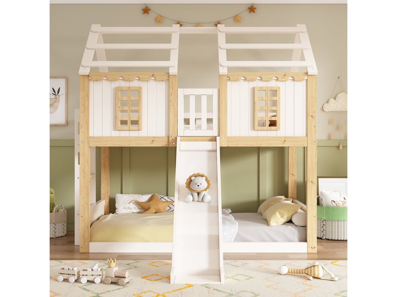  Lit superposé cabane enfant 2 places 90×200 cm et 90×200 cm, toboggan et échelle - okmyhome- sans matelas bois blanc  - Conforama C