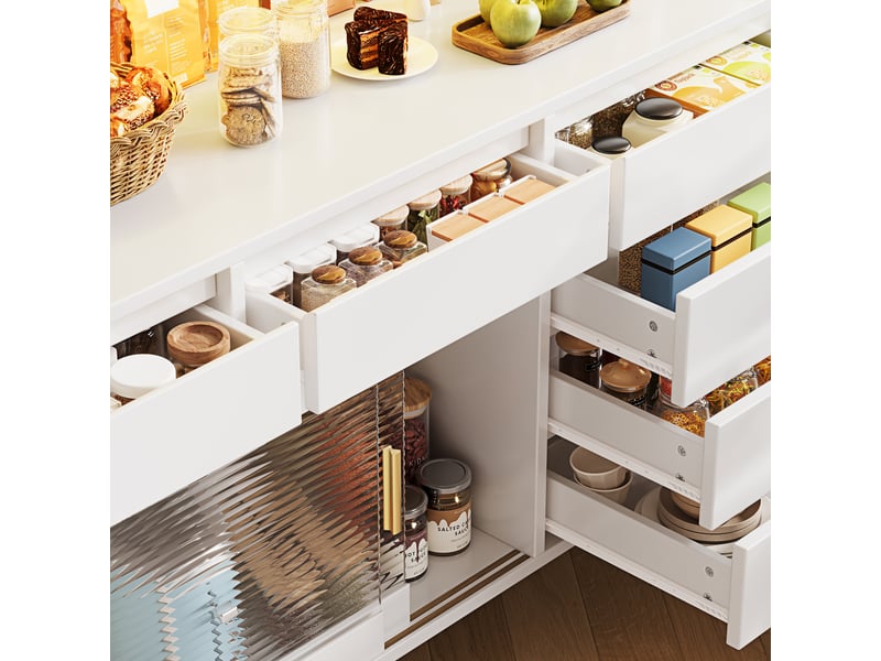  Armoire haute blanche avec led, meuble de rangement cuisine et salle à manger moderne, portes en verre, 145x39x171cm.  - Conforama W