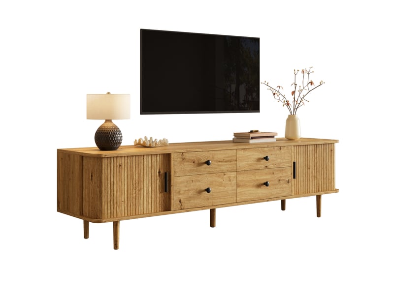  Meuble tv 165 cm en mdf effet bois clair, 4 tiroirs et 2 portes coulissantes pour un salon bien ordonné  - Conforama A
