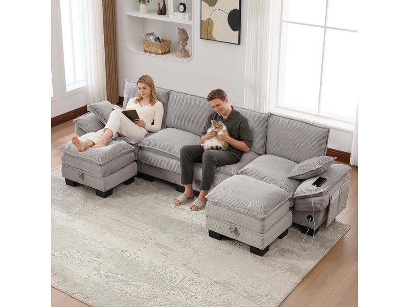 Canapé modulaire en velours - 4 places avec 2 poufs - velours côtelé doux - gris clair - dimensions 330x132x84cm - Conforama C