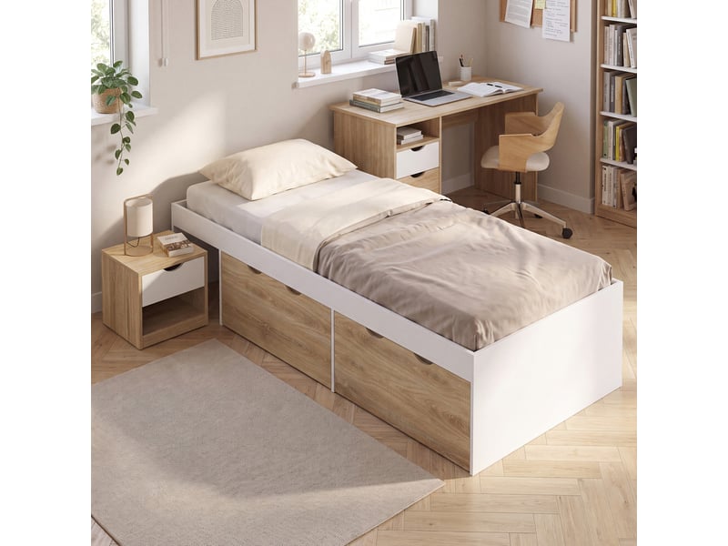  Lit simple edouard avec chevet et 2 tiroirs à roulettes et sommier 90 x 190 cm blanc et hêtre  - Conforama B
